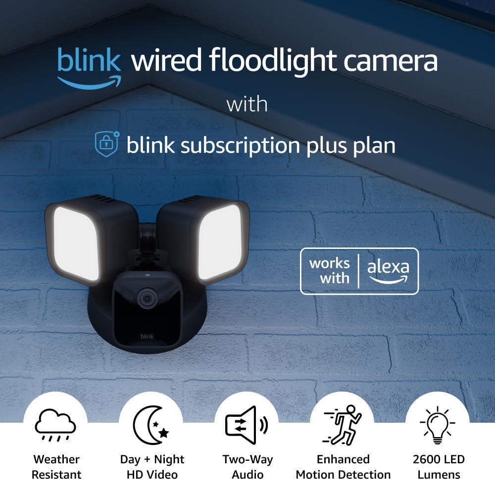 Blink Wired Floodlight Camera With 1-Year Subscription – Smart security camera, 2600 lumens, HD live view, person detection, built-in siren, Works with Alexa – (Black)(Black)
