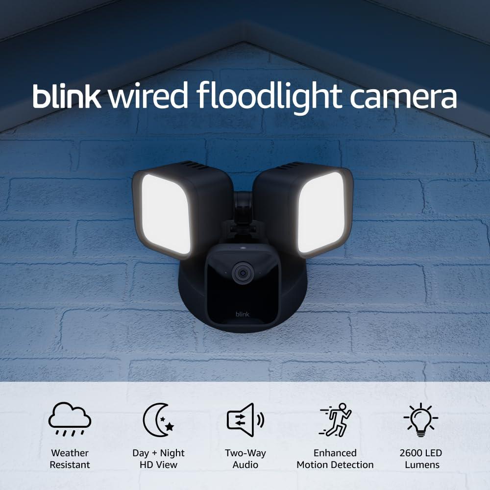 Blink Wired Floodlight Camera With 1-Year Subscription – Smart security camera, 2600 lumens, HD live view, person detection, built-in siren, Works with Alexa – (Black)(Black)