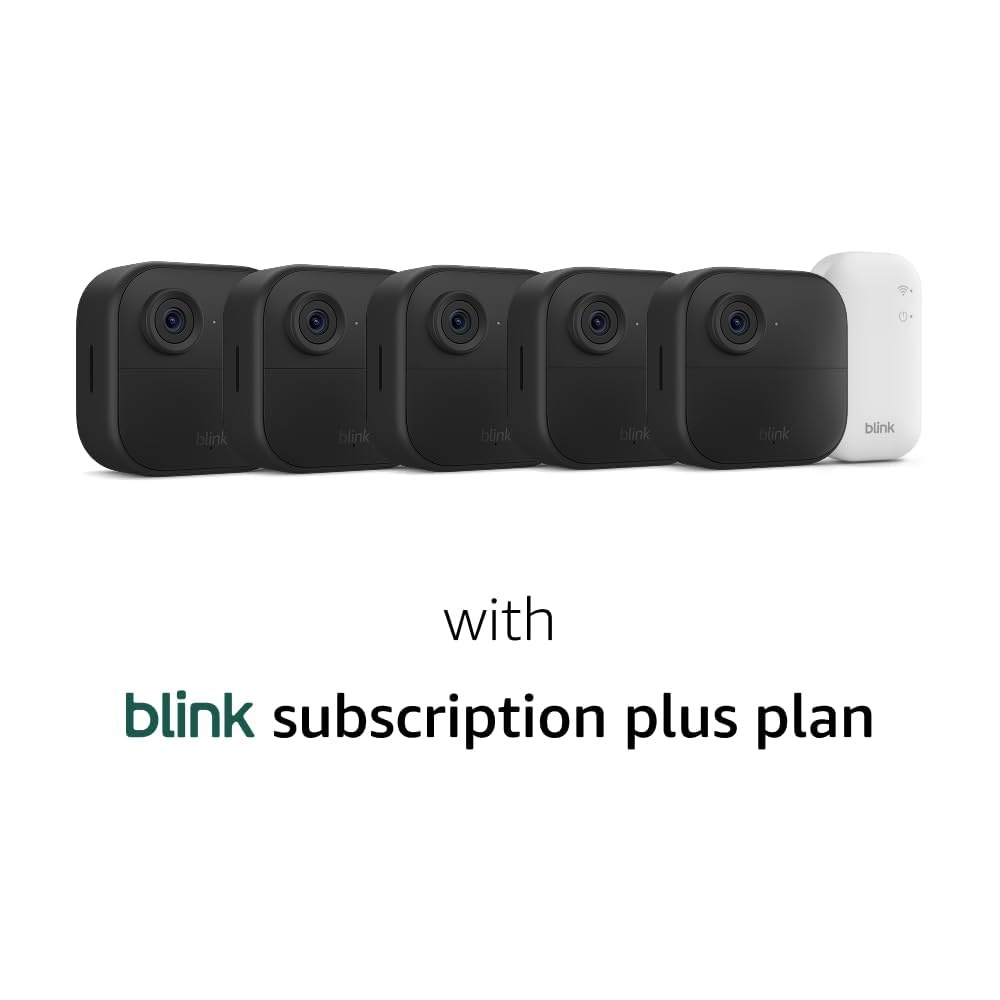 Blink Outdoor 4 and Battery Doorbell 2K+ (newest model) — Two-year battery 1080p cameras and 2K battery doorbell. Sync Module Core included — 5 Cameras + Doorbell (Black)(Save with Plus plan)