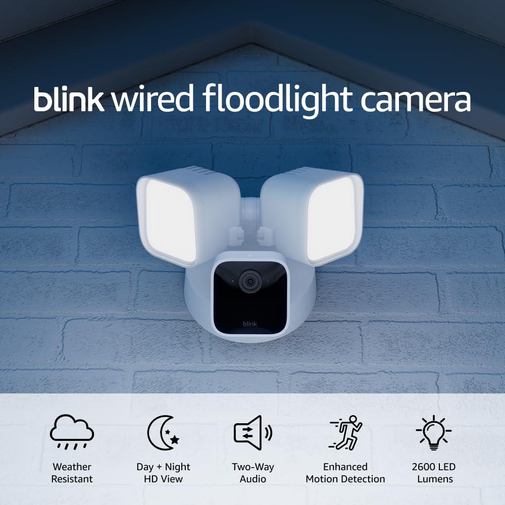 Blink Wired Floodlight Camera With 1-Year Subscription – Smart security camera, 2600 lumens, HD live view, person detection, built-in siren, Works with Alexa – (Black)(White)