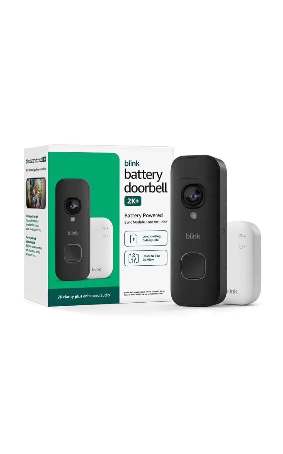 Blink Video Doorbell 2K+ (newest model) with1-Year Basic plan– Head-to-toe HD view, two-year battery life, and simple setup. Sync Module Core included – System (Black)