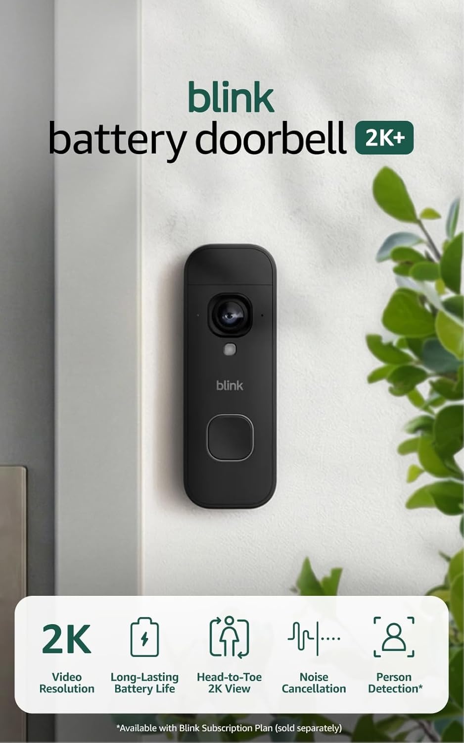 Blink Video Doorbell 2K+ (newest model) with1-Year Basic plan– Head-to-toe HD view, two-year battery life, and simple setup. Sync Module Core included – System (Black)