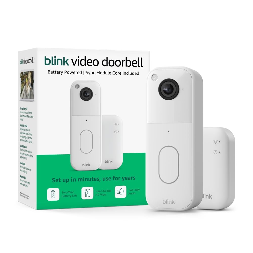 Blink Video Doorbell with 1-Year Basic plan – Head-to-toe HD view, two-year battery life, and simple setup. Sync Module Core included – System (White)