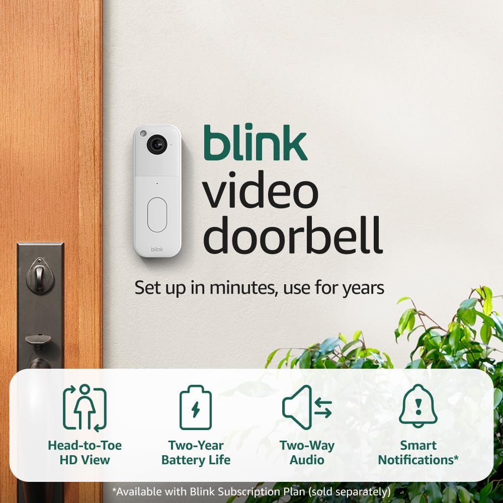 Blink Video Doorbell with 1-Year Basic plan – Head-to-toe HD view, two-year battery life, and simple setup. Sync Module Core included – System (White)