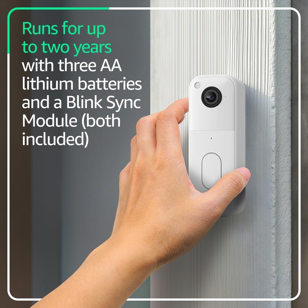 Blink Video Doorbell with 1-Year Basic plan – Head-to-toe HD view, two-year battery life, and simple setup. Sync Module Core included – System (White)