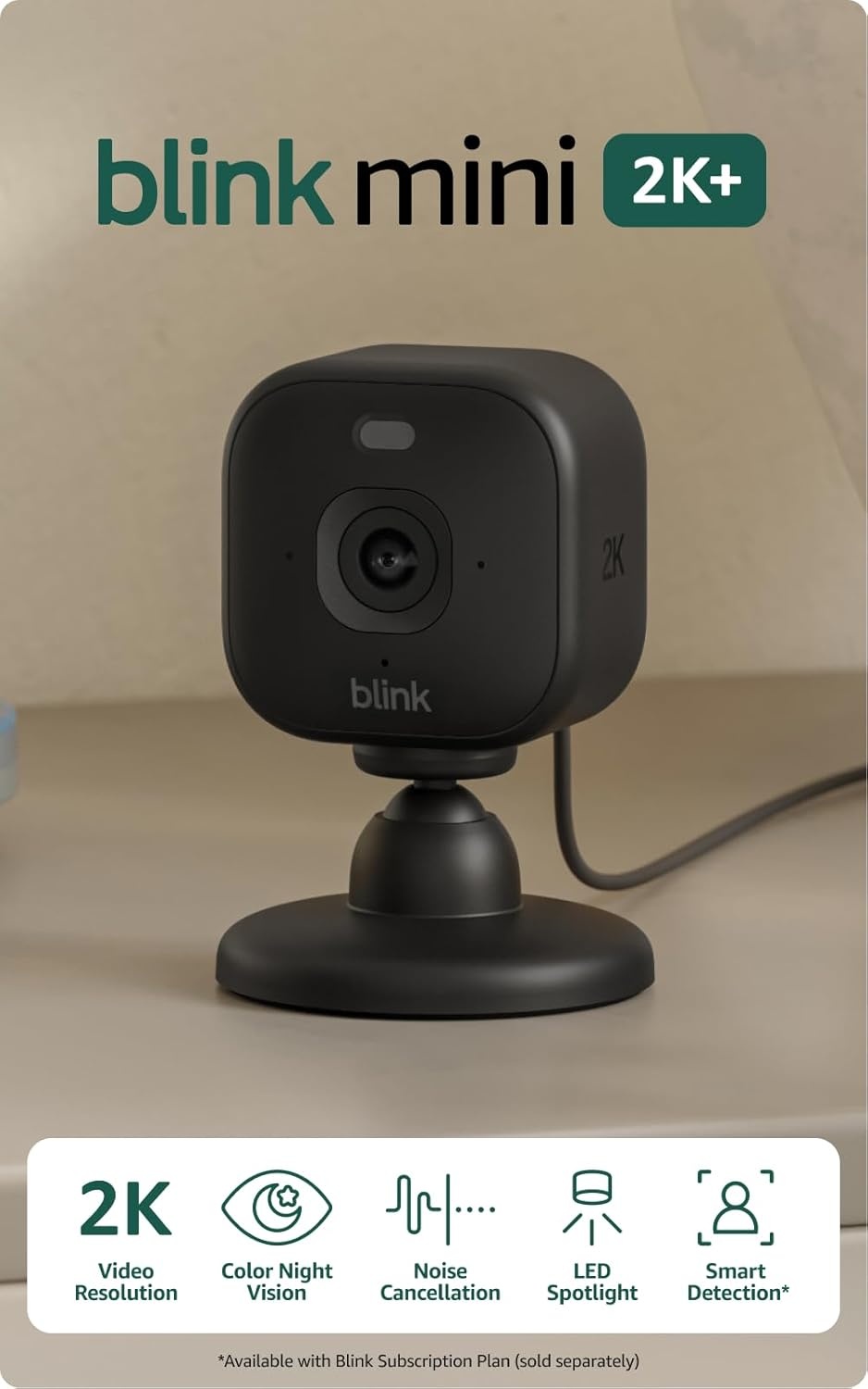 Blink Mini 2K+ (newest model) with 1-Year Basic plan – Plug-in Home & Pet Security Camera with 2K video resolution, color night vision, enhanced audio, motion detection – 1 camera (Black)