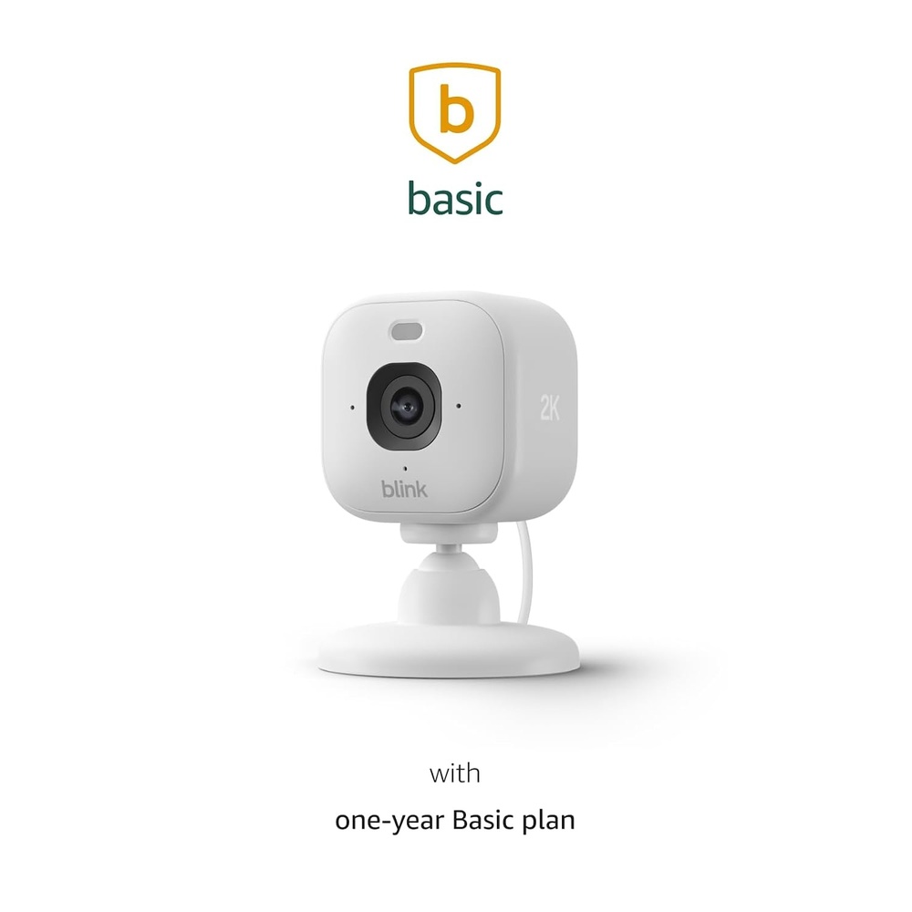 Blink Mini 2K+ (newest model) with 1-Year Basic plan – Plug-in Home & Pet Security Camera with 2K video resolution, color night vision, enhanced audio, motion detection – 1 camera (White)