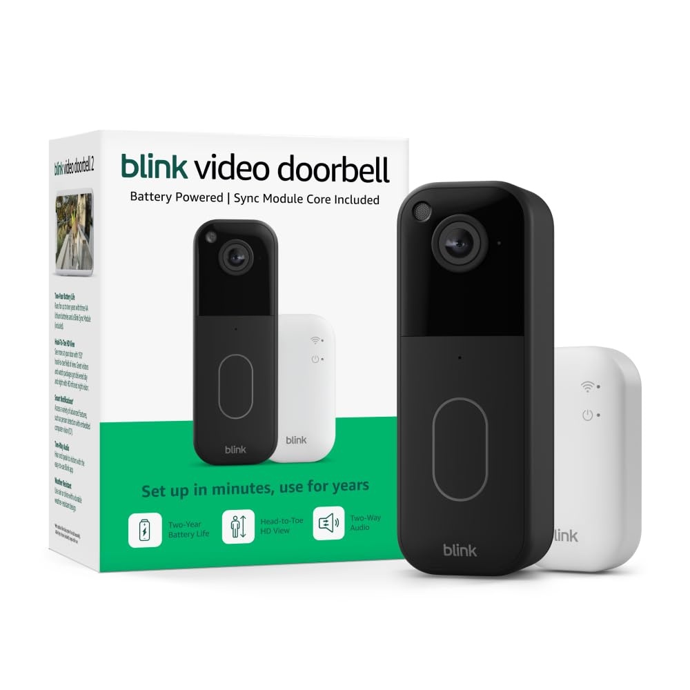 Blink Video Doorbell with1-Year Basic plan– Head-to-toe HD view, two-year battery life, and simple setup. Sync Module Core included – System (Black)