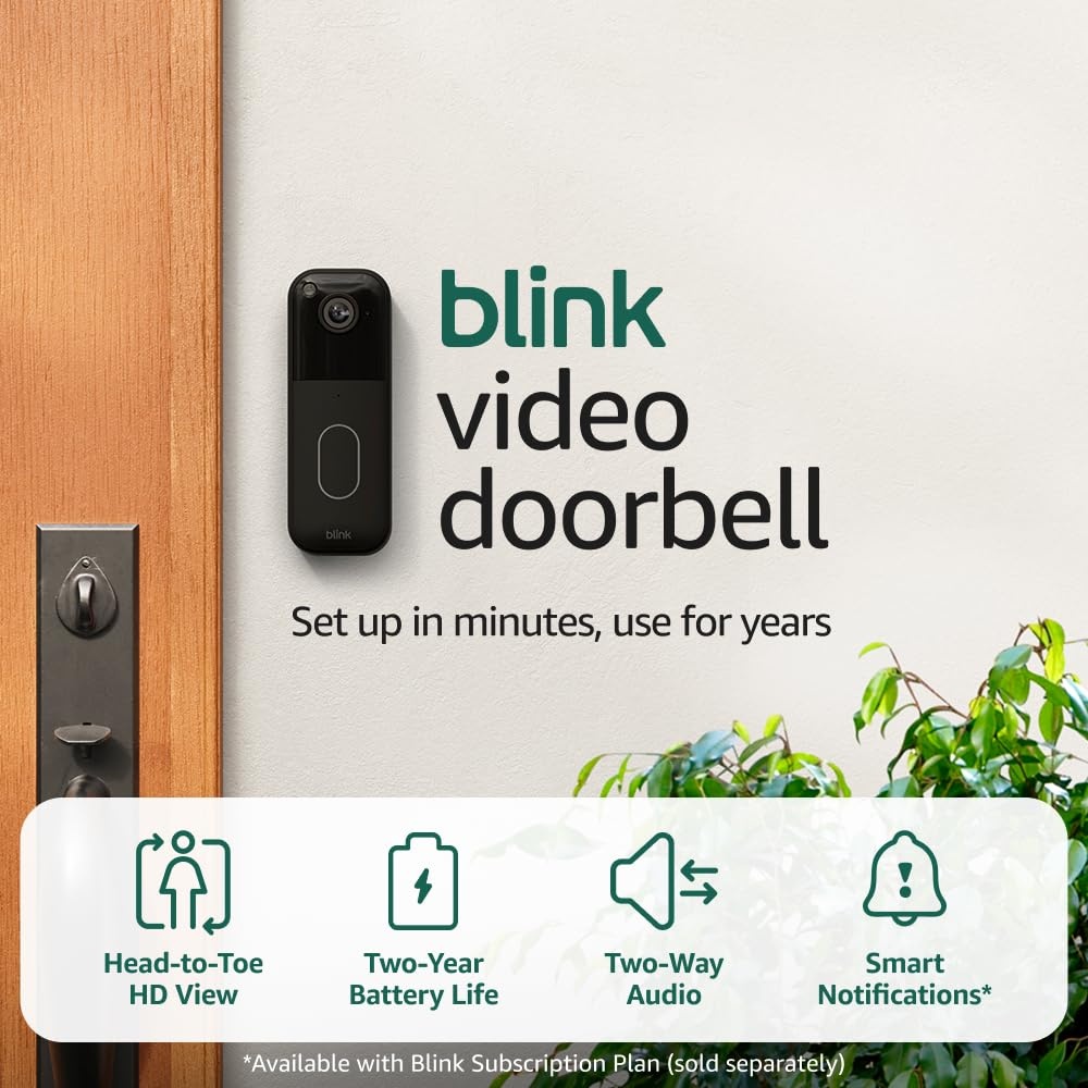 Blink Video Doorbell with1-Year Basic plan– Head-to-toe HD view, two-year battery life, and simple setup. Sync Module Core included – System (Black)
