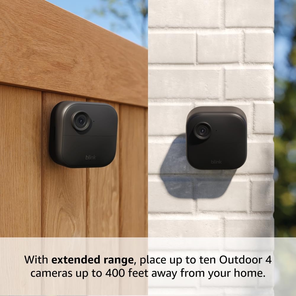 Blink Outdoor 4 XR with 1-Year Plus ai Plan – two-year battery wireless camera with 4x security coverage, 1000 ft open-air range or 400 ft with typical use — 6 camera system