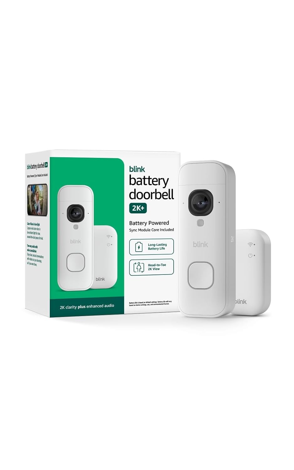 Blink Video Doorbell 2K+ (newest model) with1-Year Basic plan– Head-to-toe HD view, two-year battery life, and simple setup. Sync Module Core included – System (White)