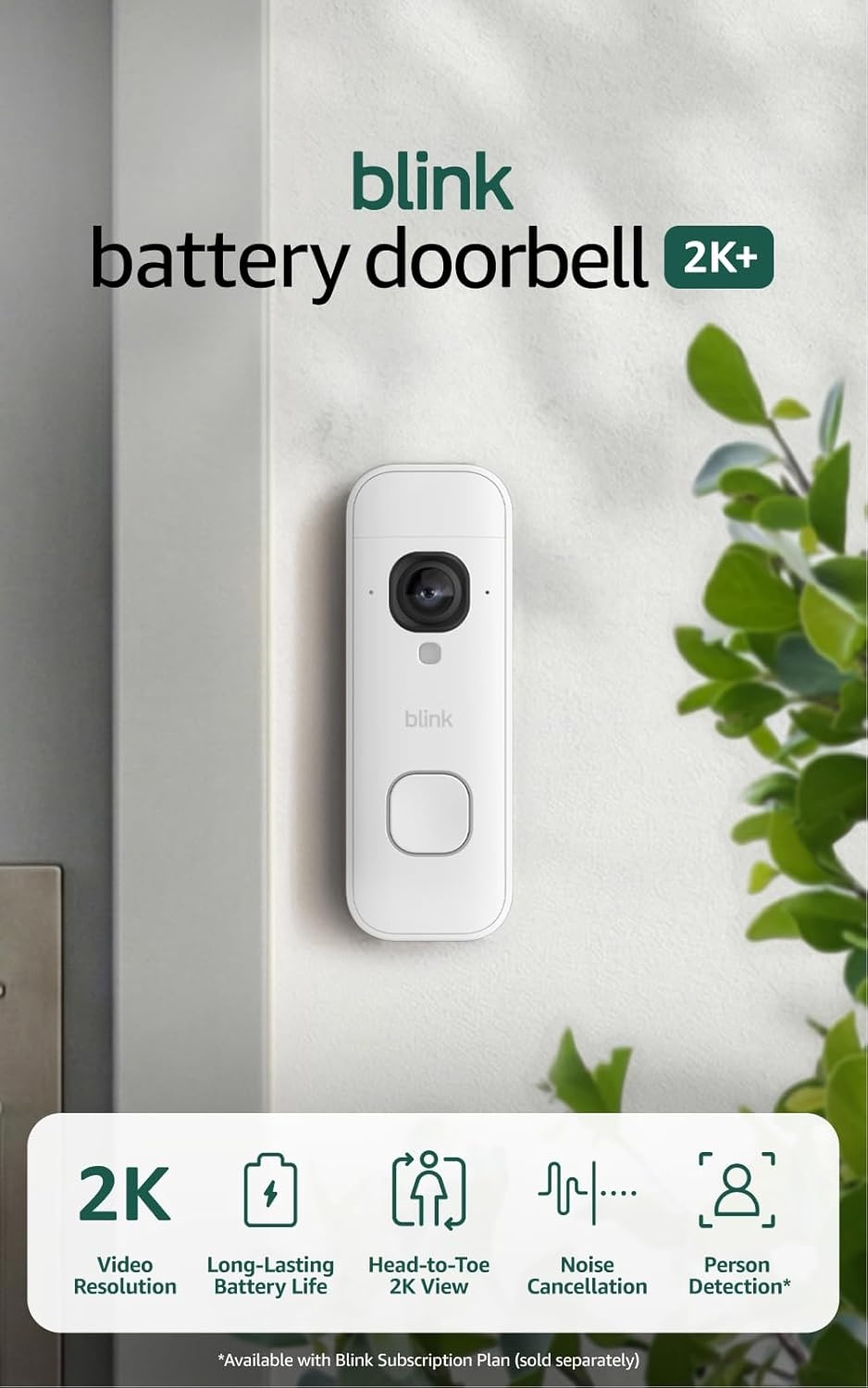 Blink Video Doorbell 2K+ (newest model) with1-Year Basic plan– Head-to-toe HD view, two-year battery life, and simple setup. Sync Module Core included – System (White)